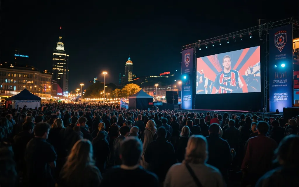 世界杯赛前球迷活动区的夜景与大屏幕，体现城市服务与氛围营造