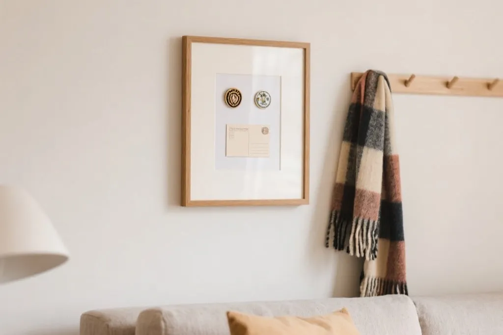客厅墙面展示框内陈列徽章与明信片，旁边放置围巾的温暖居家场景