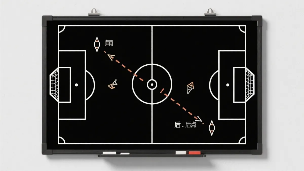 战术板风格示意：角球挡拆与后点包抄路线