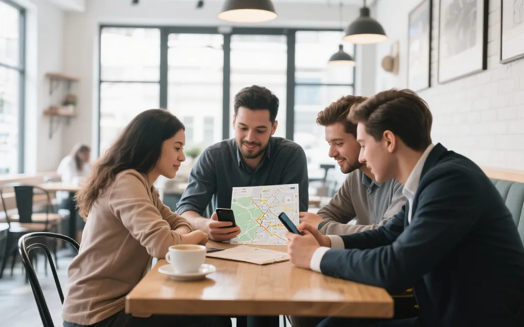 手机上的共享行程与地图界面，几个人围坐讨论路线，体现团队协作