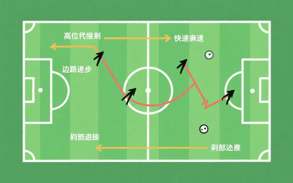 战术风格对比的可视化：高位压迫与反击路线、边路推进箭头，现代简洁信息图风