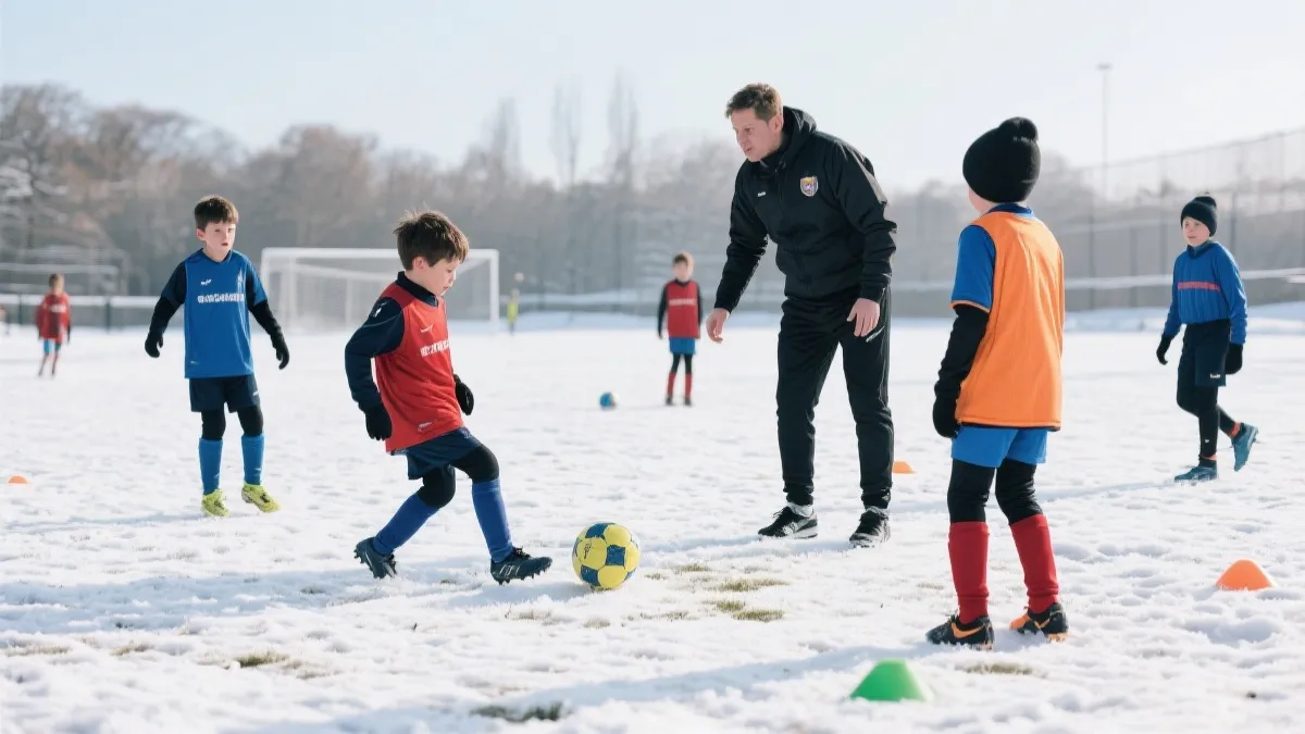 雪地训练场上的青年足球队进行小场对抗训练，教练在旁指导，纪实摄影风格